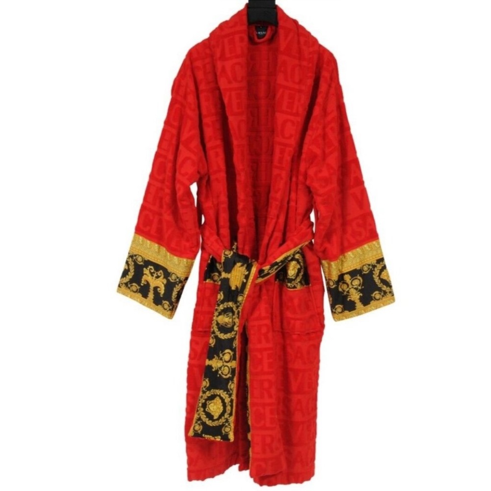 Versace Mens I Heart Baroque Logo Bathrobe XLarge Red Belted Terrycloth Cotton